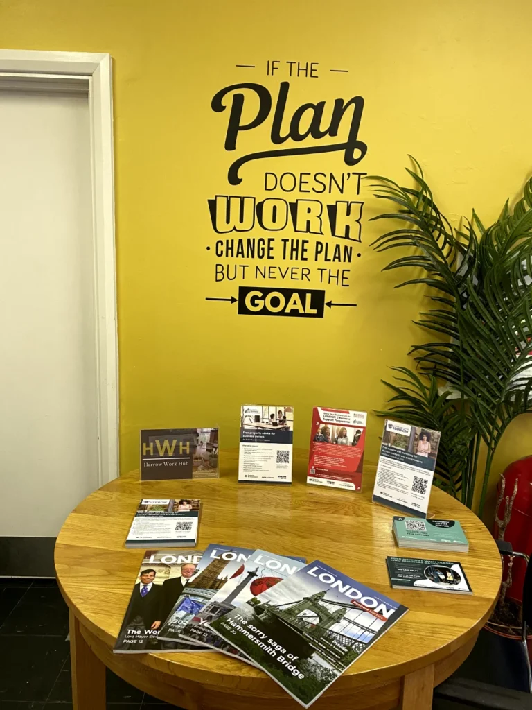 Promotional brochures on round table beside inspirational wall quote